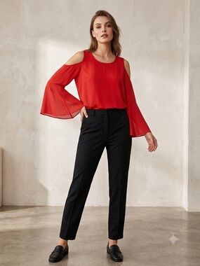 NWT Cure Red Cold Shoulder Bell Sleeve Ruffle Blouse Top Size L Boho Date Night
